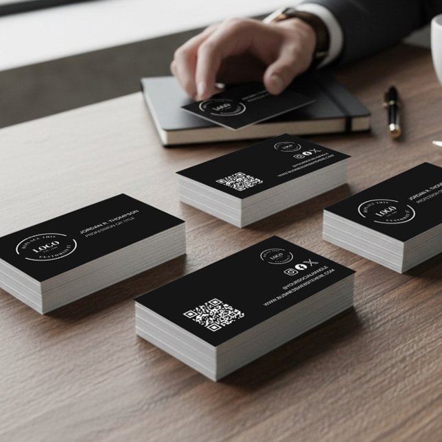Add your custom logo QR code black Modern Design Visitkort (Modern minimalist black sleek business cards with logo, name, QR code, website and social handle.)