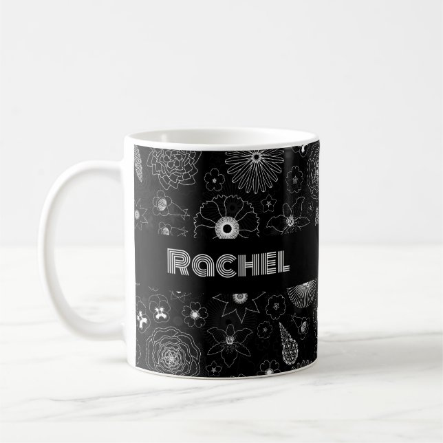 Add Your Name Floral Outline Black & White Pattern Kaffemugg (Vänster)