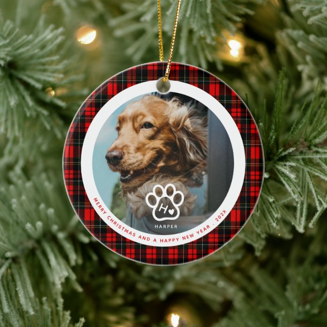 Add Your Own Dog Pets Photo Monogram Name Tartan Julgransprydnad Keramik (Träd)