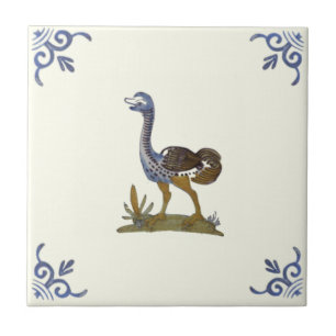 Adderande Baby Ostrich Bird Repro Antique Delft Kakelplatta