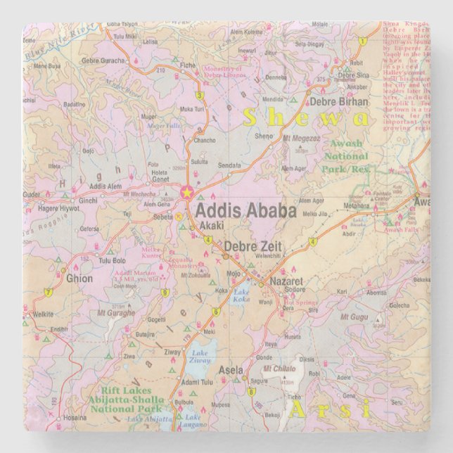 Addis Ababa & Centrala Etiopien Vintagekarta Stenunderlägg (Framsidan)