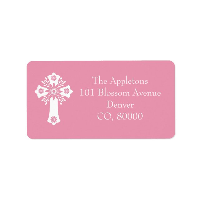 Address Labels Floral Cross Christening Rose Pink Adressetikett (Framsidan)
