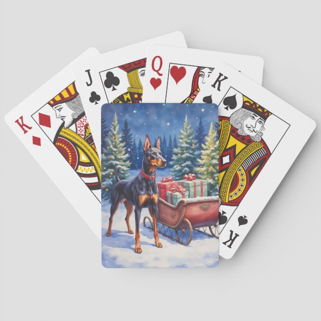 Ädel Dobermann Bevakar Julsläde Vinter Casinokort (Baksidan)