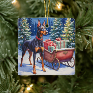 Ädel Dobermann som vaktar julsläde vinter Julgransprydnad Keramik