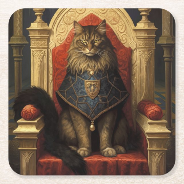 Ädel Maine Coon Katt Tron Konsttryck Underlägg Papper Kvadrat (Framsidan)