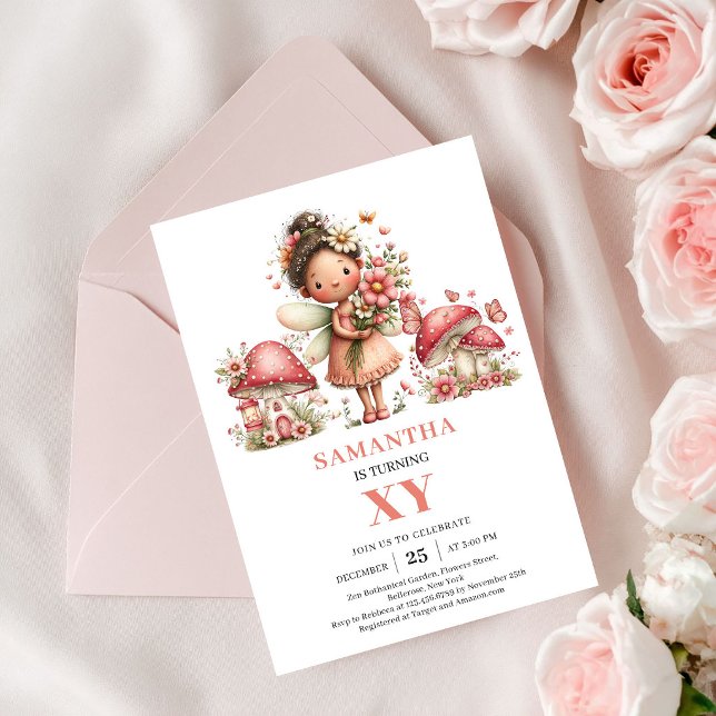 Ädel saga 8-års födelsedag Rosa blommor Inbjudan  (Precious Fairy 8th Birthday Pink Flowers Invite Card)