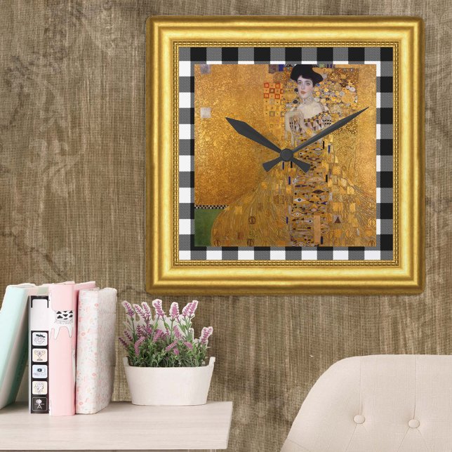 Adele Dam i Guld, Gustav Klimt Framed, Checkered Fyrkantig Klocka (Skapare uppladdad)