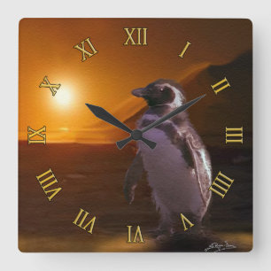 Adelie Penguin & Antarktis Sunset Fyrkantig Klocka