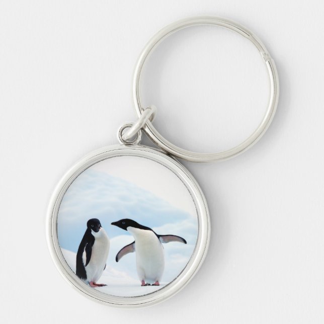 Adelie Penguins Rund Silverfärgad Nyckelring (Framsidan)
