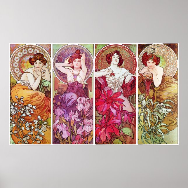 Ädelstenar och blommor, Alphonse Mucha Poster (Framsidan)