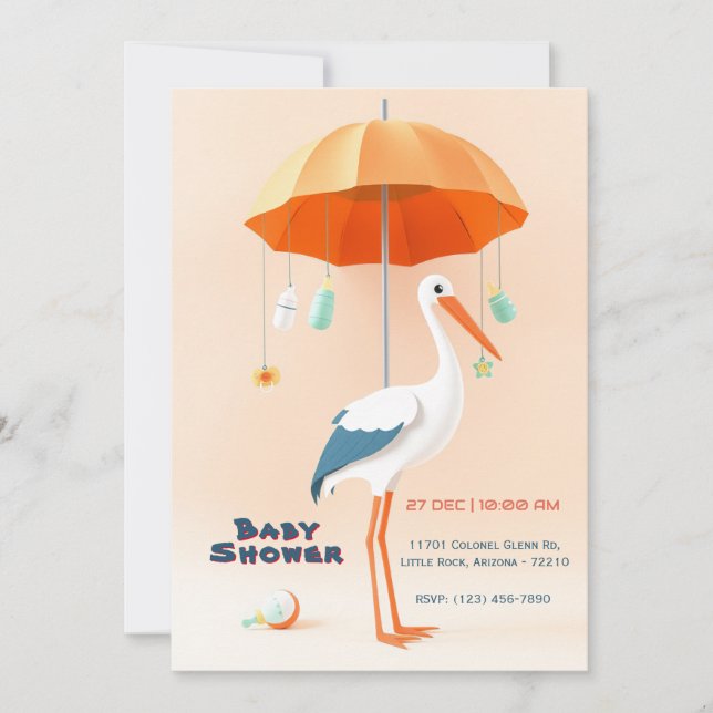 Adevid Stork med Parbrella Baby Shower Inbjudningar (Framsida)