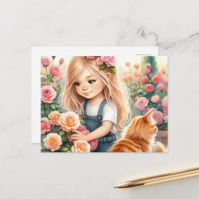 Adful Little Girl Picking Ro med Ginger Cat Vykort (Fram/Back In Situ)