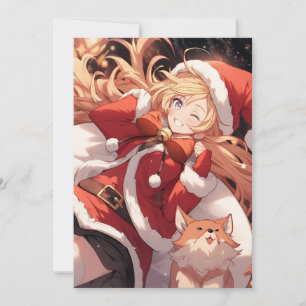 Adful Santa Anime Girl Bag of Gifts and Pet Hund Julkort