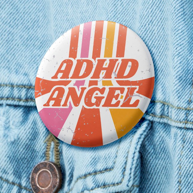 ADHD Angel Orange 70s Retro Mental Health Knapp (Retro 70s badge with orange and yellow lines, and the text 'ADHD Angel')