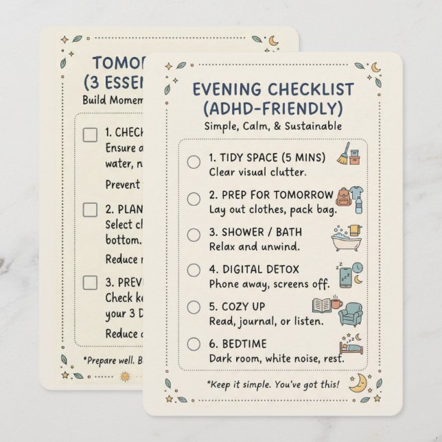 ADHD Evening Routine Checklist Simple Calming Card Julkort (Fram/baksida)