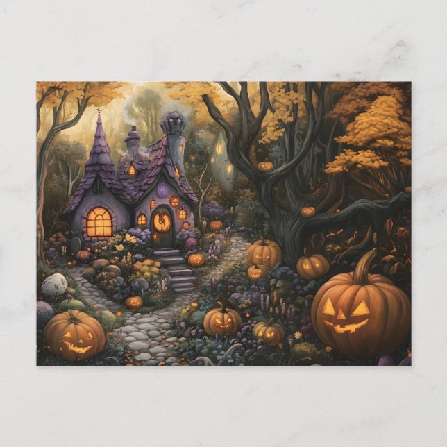 Adigert Spooky House och Halloween Pumpkin Patch Vykort (Framsida)
