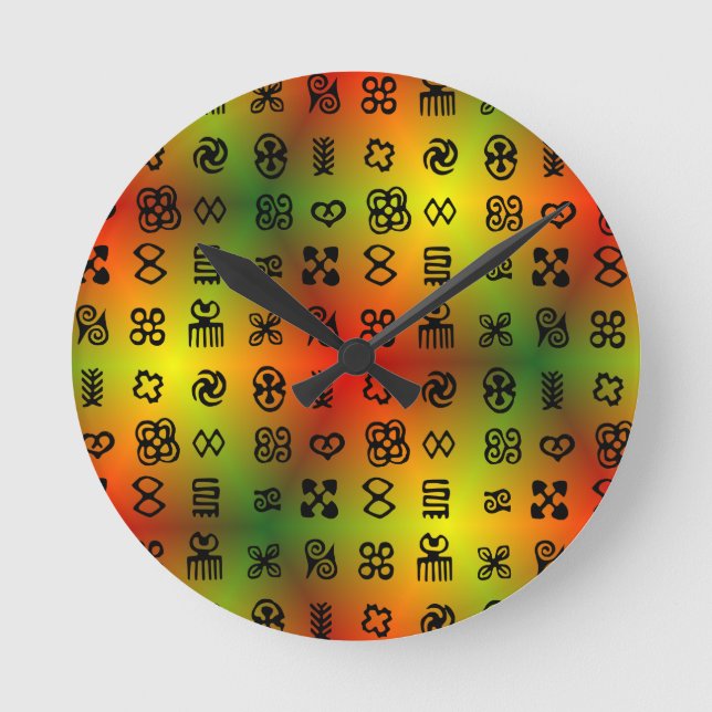 Adinkra-symboler med afrikanska Färger Rund Klocka (Framsida)