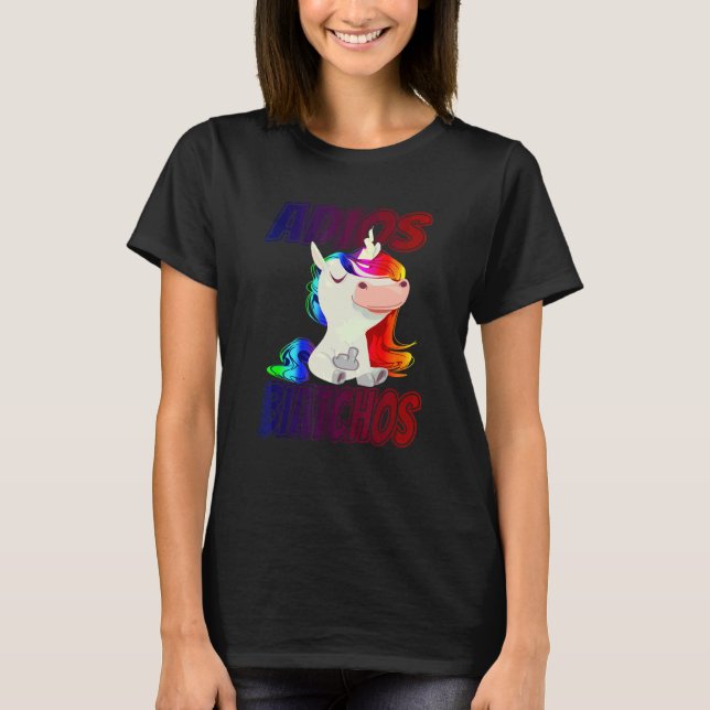 Adios Biatchos   Mellanfinger Enhörning T Shirt (Framsida)