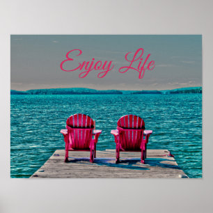 Adirondack Beach-stolar Rustic Teal Enjoy Life Poster