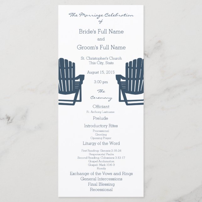 Adirondack-professurer Blue Beach Wedding Program (Framsida)