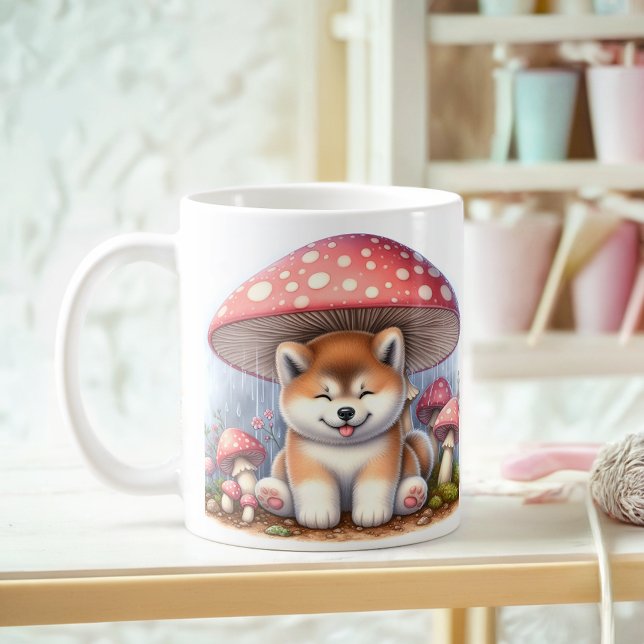 Aditable Akita Inu Puppy under Mushroom Umbrella Kaffemugg (Skapare uppladdad)