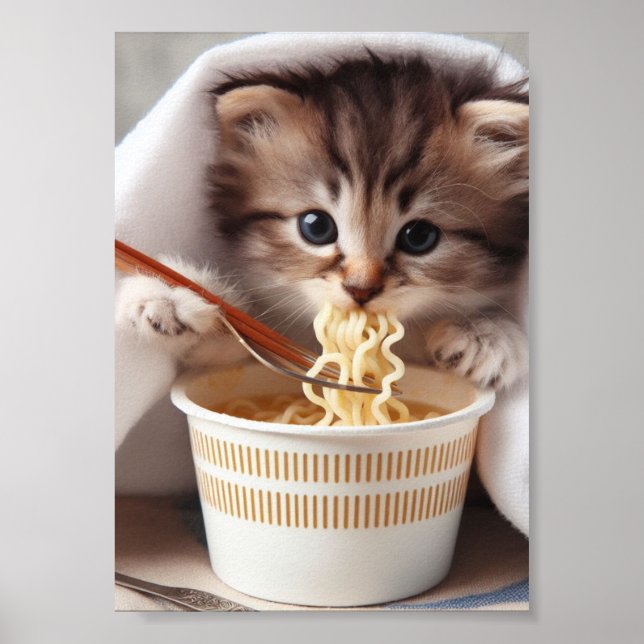 Aditable Kitten Eating Ramen Noodles Poster (Framsidan)