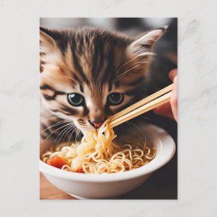 Aditable Kitten Eating Ramen Noodles Vykort