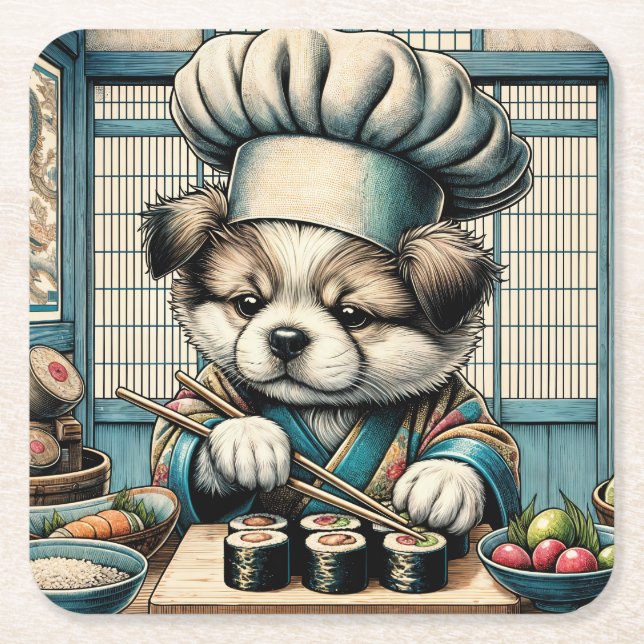 Aditable Sushi Chef Puppy Underlägg Papper Kvadrat (Framsidan)