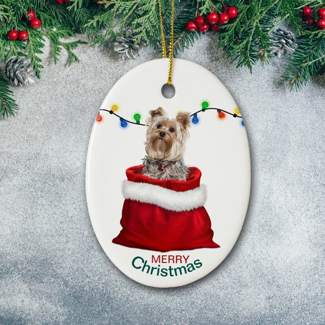 Aditable Yorkie Hund i Helgdag Gift Bag Julgransprydnad Keramik (Skapare uppladdad)
