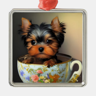 Aditable Yorkie i Tekopp Julgransprydnad Metall