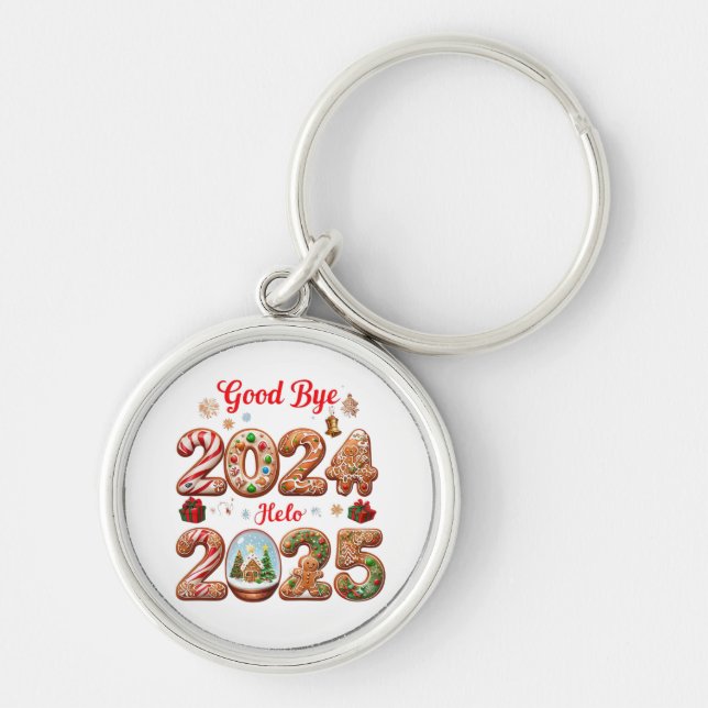 Adjö 2024 Hej 2025 Gott nytt år Design Rund Silverfärgad Nyckelring (Framsidan)