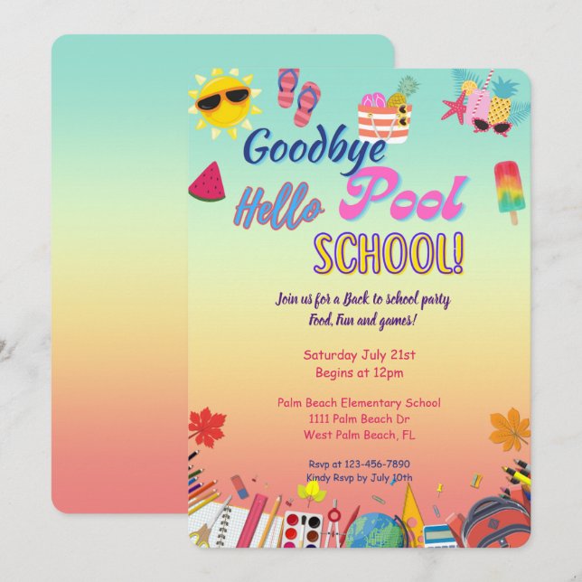 Adjö Bassäng Hej School Back to school Party Inbjudningar (Fram/baksida)