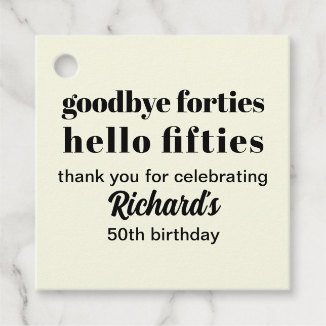 Adjö Fyrtio Hej femtio Modern femtionde födelsedag Gåvor Etiketter (Framsida)