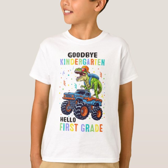 Adjö Kindergarten Hej 1st Klass Dinosaur Boys T Shirt (Framsida)