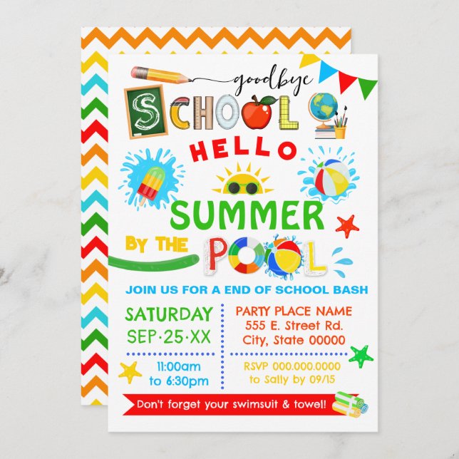 Adjö School Hej Summer Bassäng Bash Inbjudningar (Fram/baksida)