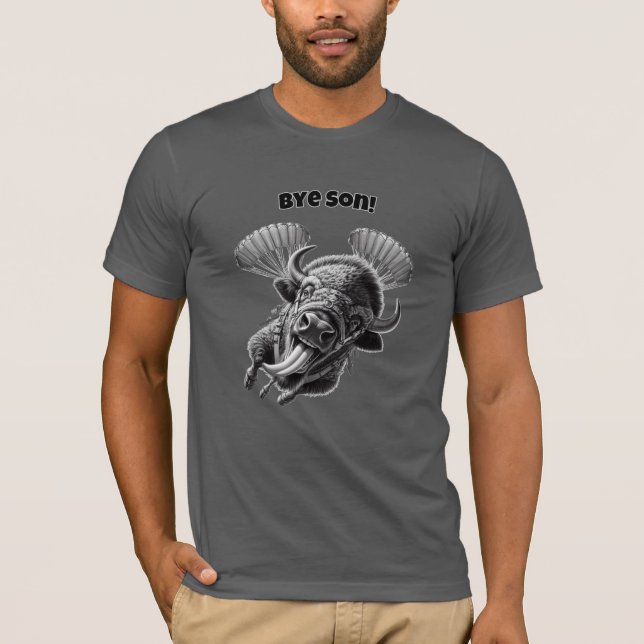 “Adjö, son!” Hoppande Bison Skämt – Roliga Djur T Shirt (Framsida)