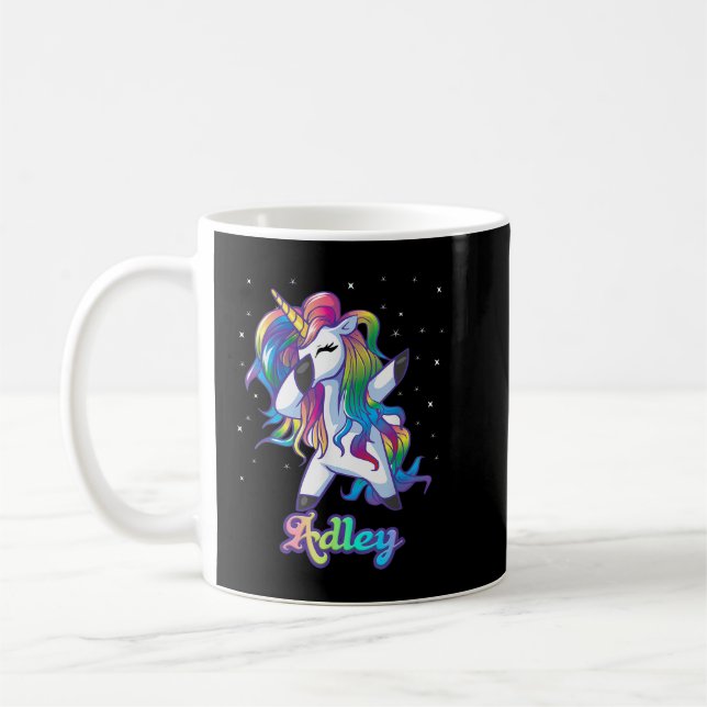ADLEY Name Personalized Custom Rainbow Unicorn Dab Kaffemugg (Vänster)