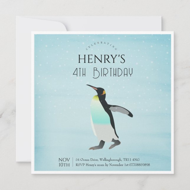 Adlig vattenfärg Penguin Arktiska födelsedag Inbjudningar (Framsida)