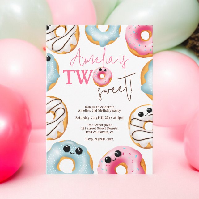 Adliga Två söta donationer 2:a födelsedag Inbjudningar (Adorable Two sweet cute donuts 2nd birthday Invitation)