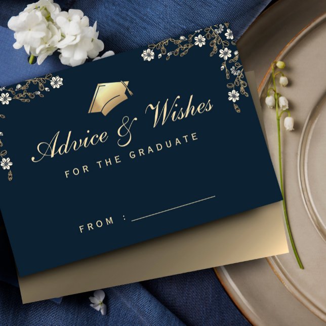 Adminneskort för marint blått Guld Studenten Tack Kort (Elegant navy blue and gold graduation advice enclosure cards, floral Frame Luxury Graduation #advice)
