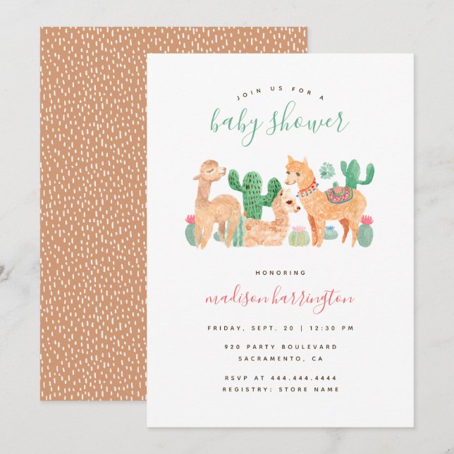 Adminstrant Alpaca Llama Cactus Boho Baby Shower Inbjudningar (Fram/baksida)