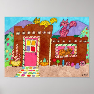 Adobe Gingerword House med Cats Folk Art Poster