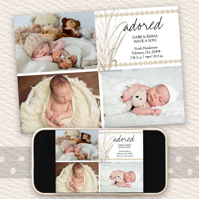 Adobes 4 Photo Boho Pampas Grass Birth Meddelande (Multi Photo Birth Announcement with signed pic on the back)