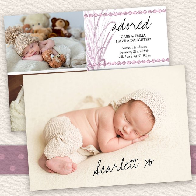 Adobes 4 Photo Boho Rosa Pampas Grass Birth Meddelande (Multi Photo Birth Announcement with signed pic on the back
)
