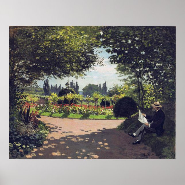 Adolphe Monet Reading in the Garden, 1866 Poster (Framsidan)