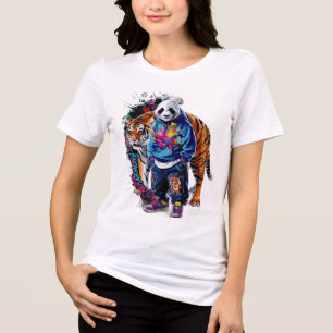ADOM Premium Konstnärlig Panda & Tiger Grafisk Kvi T Shirt