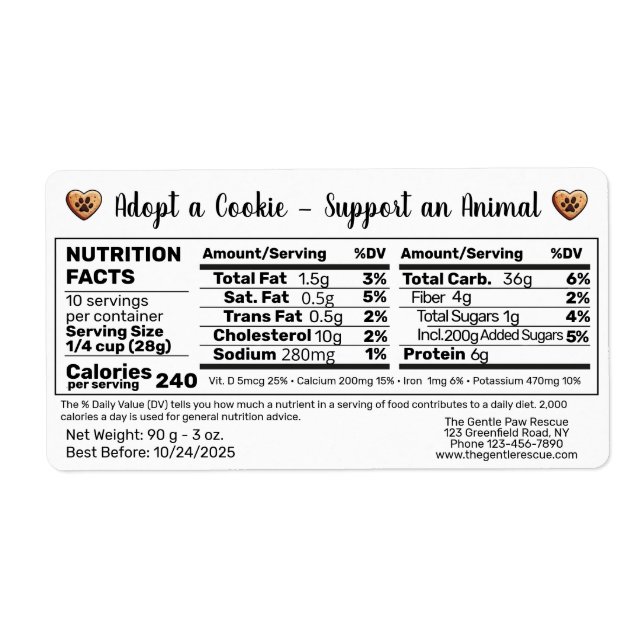 Adopt a Cookie Animal Rescue Bake Nutrition Facts Fraktsedel (Framsidan)