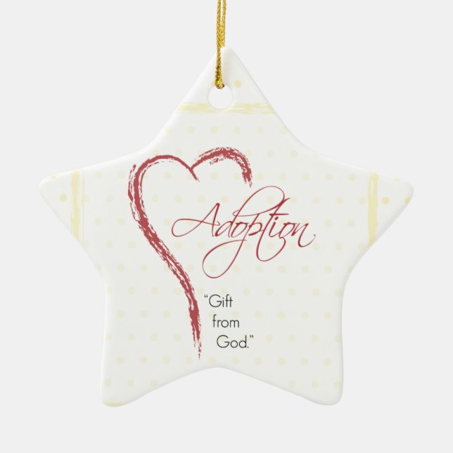 Adoption, religiös, gula prickar med rött hjärta julgransprydnad keramik (Framsidan)