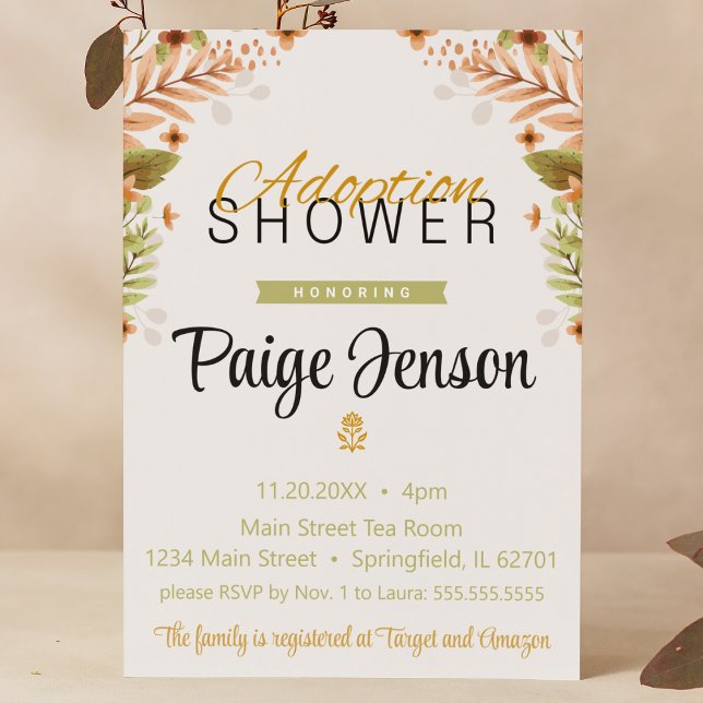 Adoption Shower Grönt och Brown Botanicals Inbjudningar (Adoption shower woodland fall green brown foster care baby child shower modern boho tan)