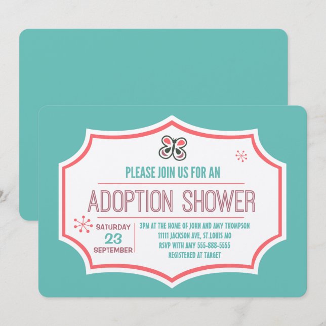 Adoption Shower Modern Rosa & Blue Butterfly Inbjudningar (Fram/baksida)